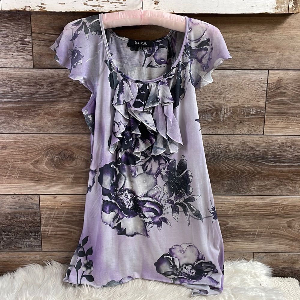 BLEU Ladies Dress Blouse, Size Small, Purple and Black Floral